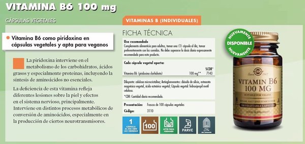 Vitamina B6 100 mg 100 comprimidos de Solgar