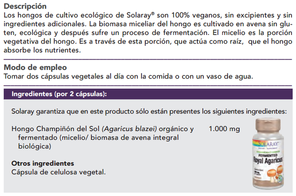 Royal Agaricus (champiñon del sol) 500 mg 60 cápsulas Solaray