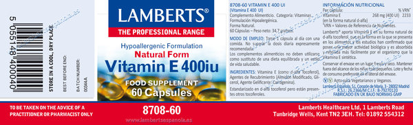 Vitamina E Natural 400 UI (268 mg) como d-alfa tocoferol 60 cápsulas de Lamberts