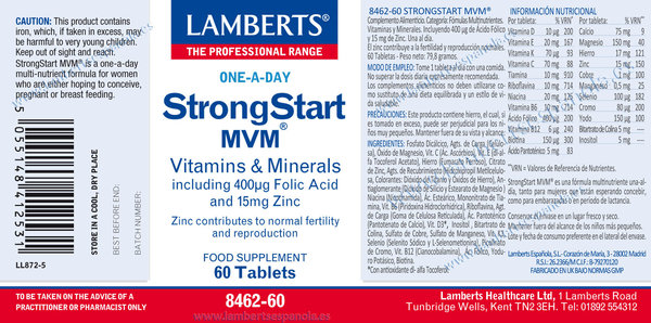 StrongStart MVM® Multivitamínico prenatal con ácido fólico y Zinc 60 tabletas de Lamberts