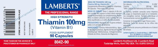 Tiamina o vitamina B1 100 mg 90 cápsulas de Lamberts