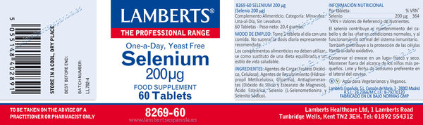 Selenio 200 mcg como L-Selenometionina 60 tabletas de Lamberts