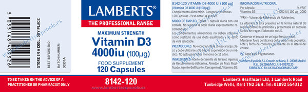 Vitamina D como D3, colecalciferol 4000 UI (100 mcg) 120 cápsulas Lamberts