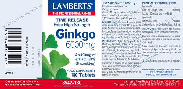 Ginkgo biloba extra alta potencia 6.000 mg 180 tabletas de Lamberts