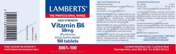 Vitamina B6 o Piridoxina 50 mg 100 tabletas de Lamberts