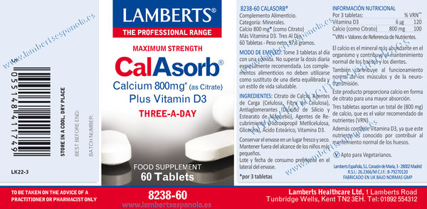 CalAsorb, Calcio 800 mg como Citrato y Vitamina D3 60 tabletas de Lamberts