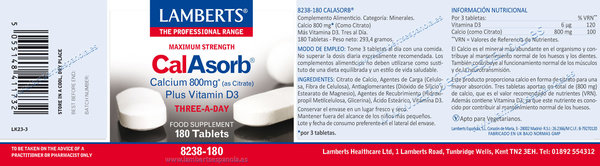 CalAsorb, Calcio 800 mg como Citrato y Vitamina D3 180 tabletas de Lamberts