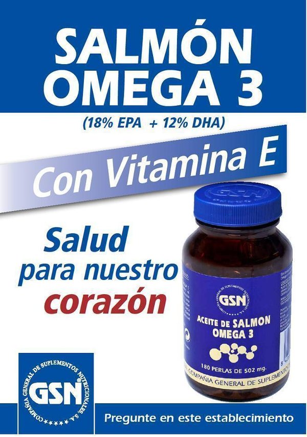 Aceite de salmón, omega 3 + vitamina E 180 perlas de GSN