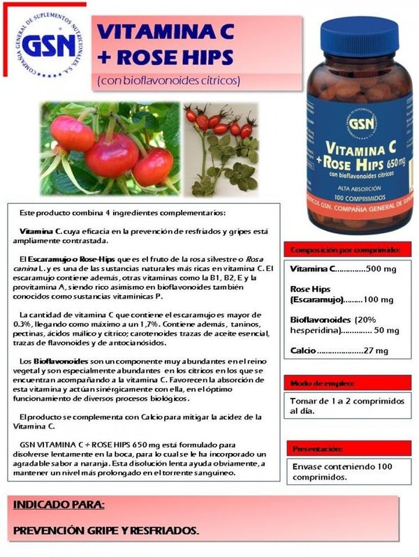 Vitamina C Rose Hips 650 gramos 100 comprimidos de GSN