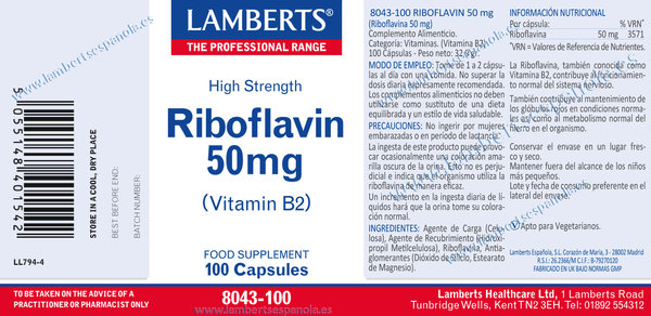Riboflavina o vitamina B2 50 mg 100 cápsulas de Lamberts