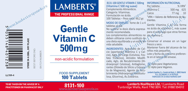 Gentle vitamina c 500 mg 100 tabletas de Lamberts